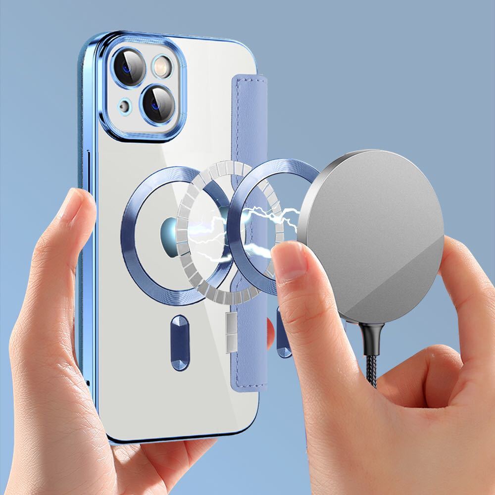 iPhone 13 レザーケース アイフォン13 クリアケース iPhone13 カバー 透明 カード収納 MagSafe充電 手帳型 ブルー