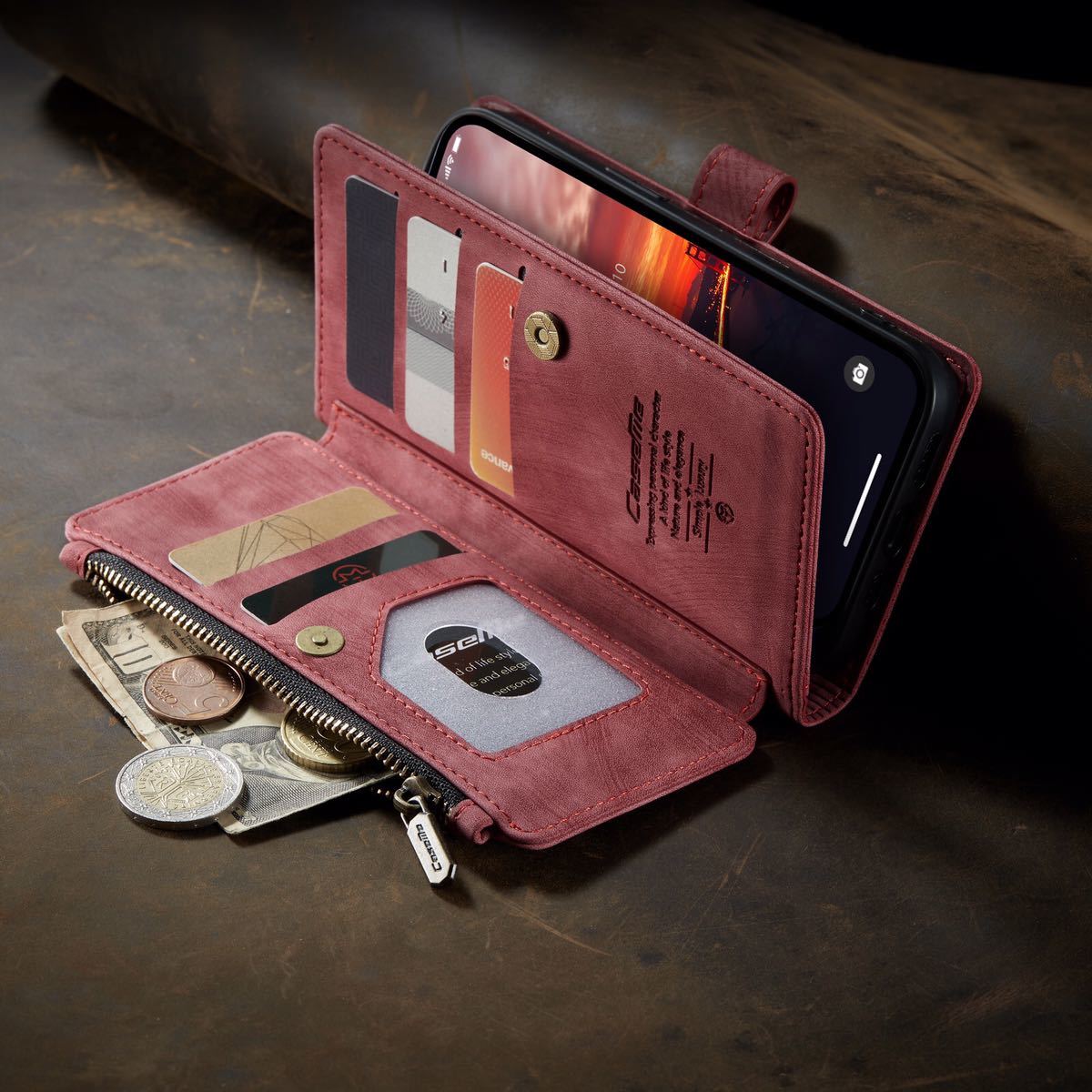 iPhone 15 レザーケース アイフォン15 ケース iPhone15 カバー 6.1インチ 手帳型 カード収納 お財布付き ストラップ付き レッド