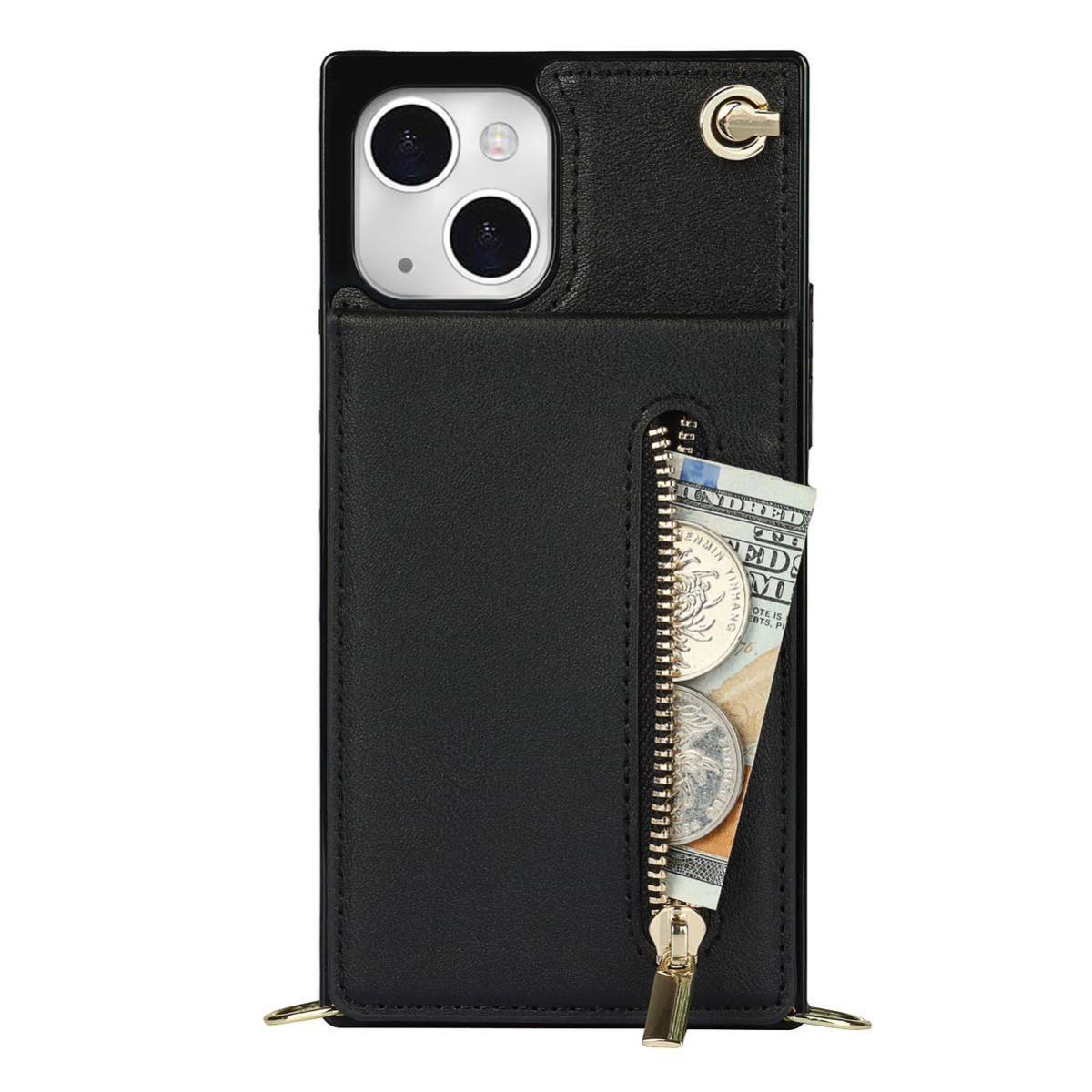 iPhone 15 plus レザーケース アイフォン15 プラス ショルダーケース カード収納 小銭入れ 財布型 ストラップ付き 肩掛け 斜めがけ 黒
