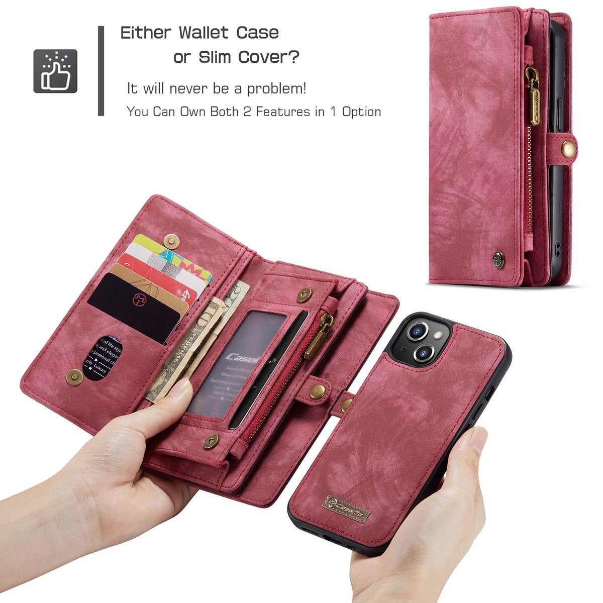 iPhone 13 レザーケース アイフォン13 ケース 手帳型 お財布付き カード収納 財布型 red_画像1