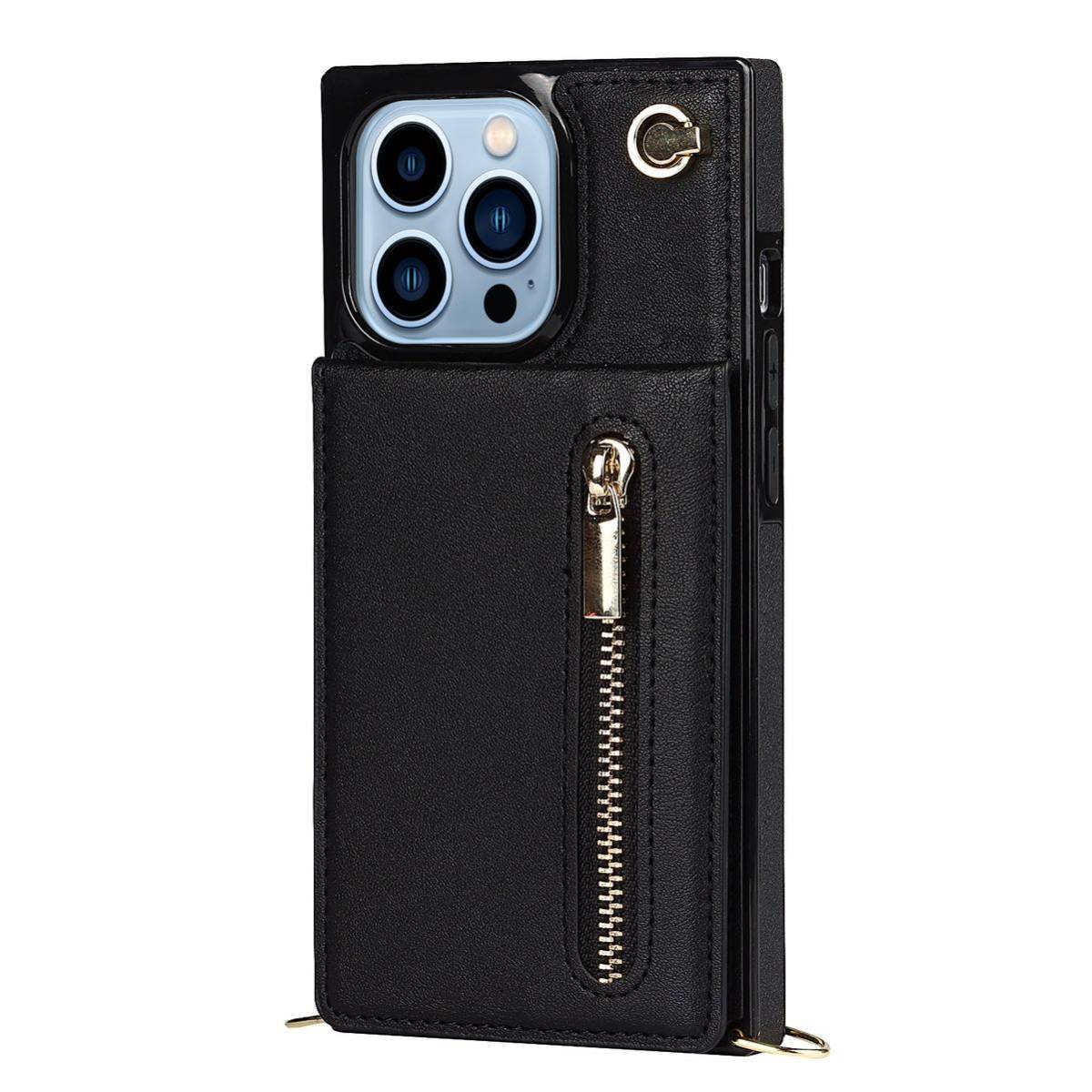 iPhone 15 pro max レザーケース アイフォン15 プロ マックス ショルダーケース カード収納 財布型 ストラップ付き 肩掛け 斜め掛け 黒