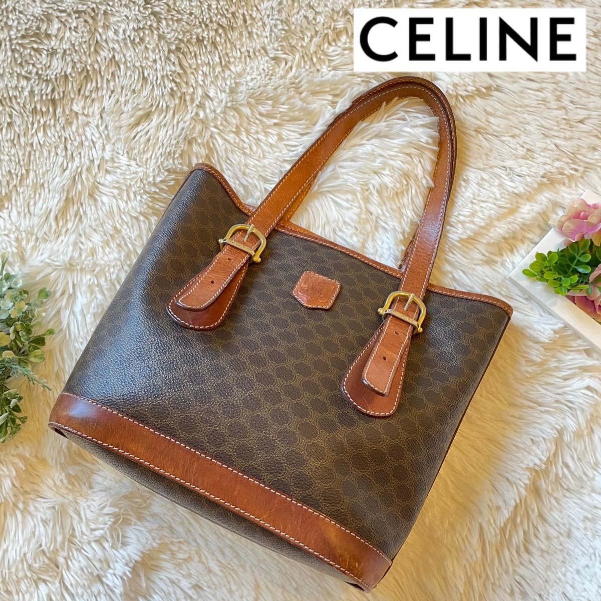 良品 CELINE トートバック トリオンフ PVC マカダム柄 バケツ 茶