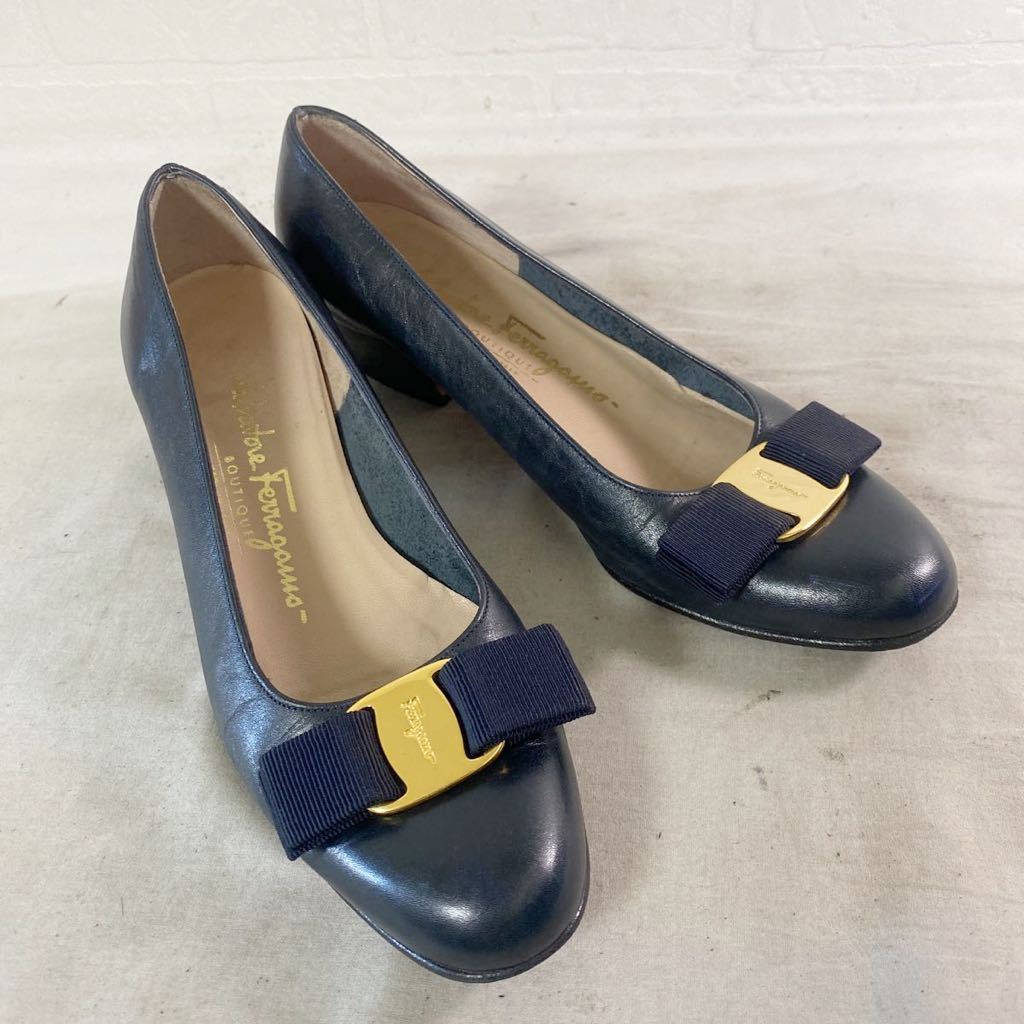 3635☆ Salvatore Ferragamo サルヴァトーレフェラガモ ヴァラ レザーシューズ レディース 5.5 ブラック イタリア製_画像3