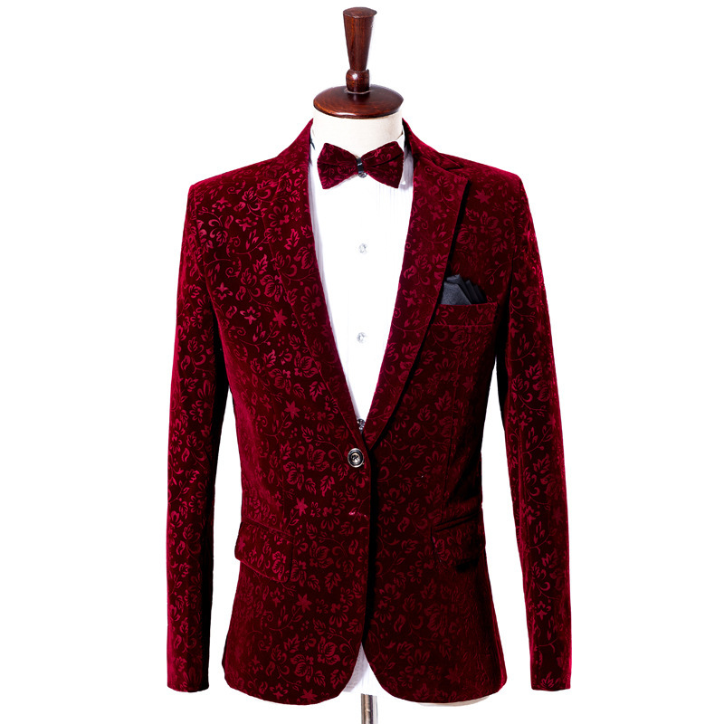 新品 上質 2点セット ワイン赤 ベルベッド素材 花柄 スーツ メンズ スーツセット タキシード 上着 ズボンS M L-4XL演奏会舞台衣装_画像5