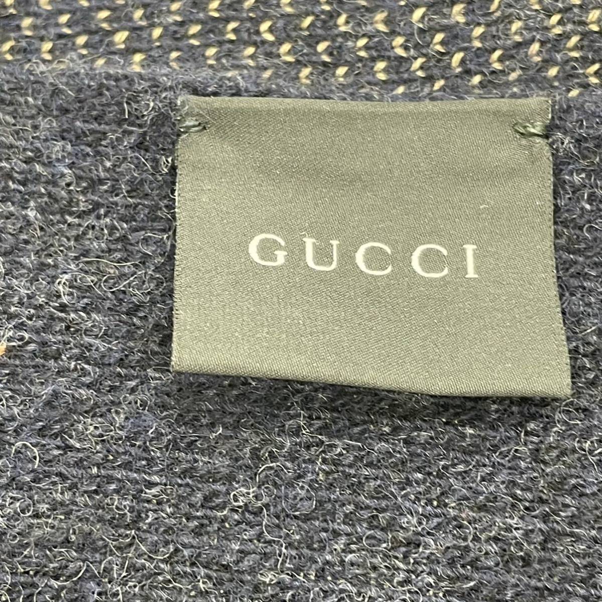 【KO826】良好 GUCCI グッチ ストール マフラー 襟巻 リバーシブル カシミア混 メンズ 服飾小物 ネイビー_画像2