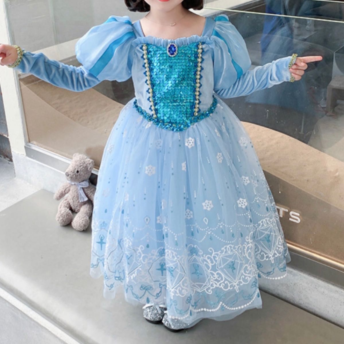 子供用 キッズ コスプレ ディズニープリンセス なりきり 衣装 お誕生日 エルサ アナ雪 水色 ドレス ハロウィン Dハロ 高級感