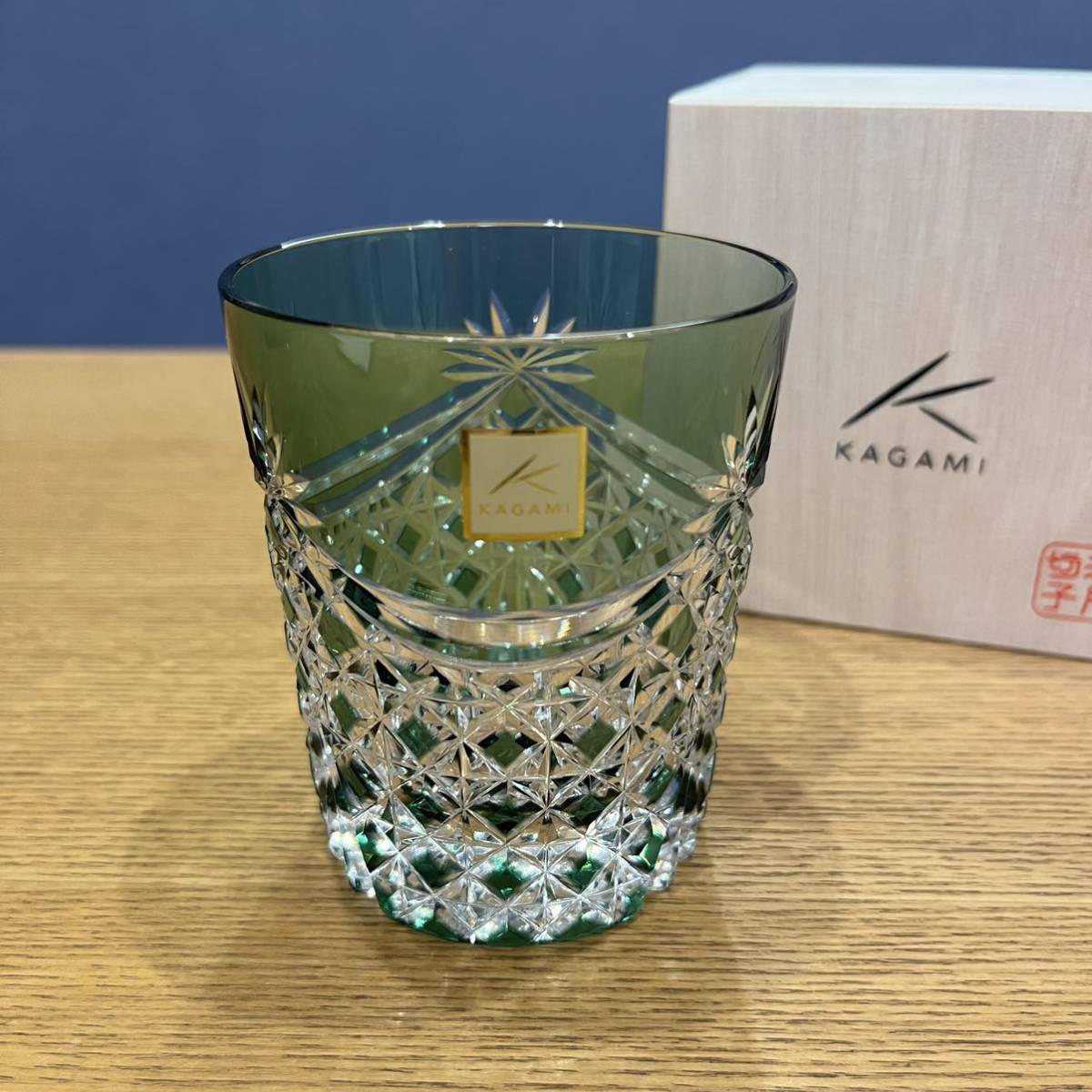 【希少】KAGAMI カガミクリスタル 江戸切子 ロックグラス グリーン