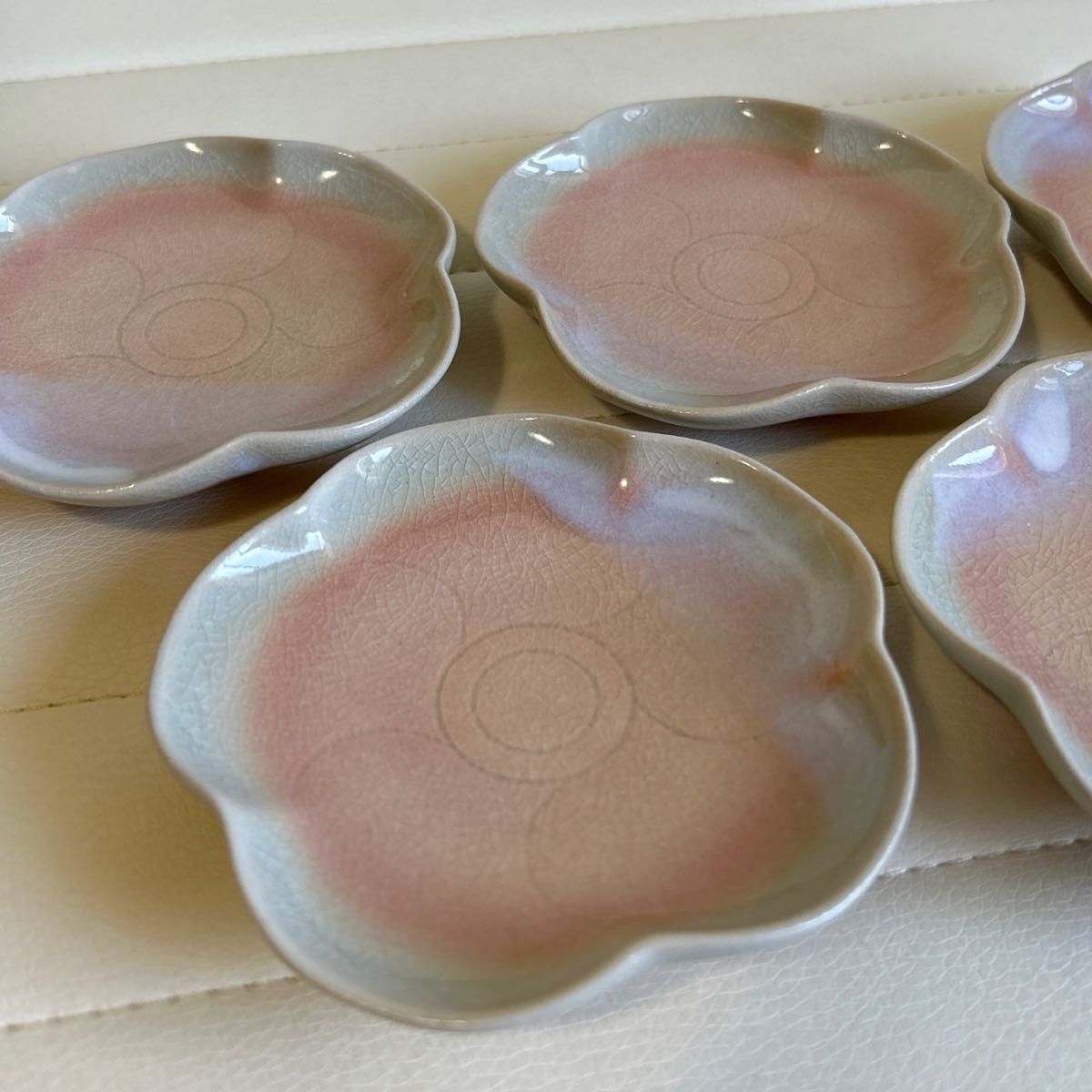 萩焼　椿窯　天鵬山　梅型小皿揃 5枚セット　銘々皿　輪花皿　ピンク　和食器