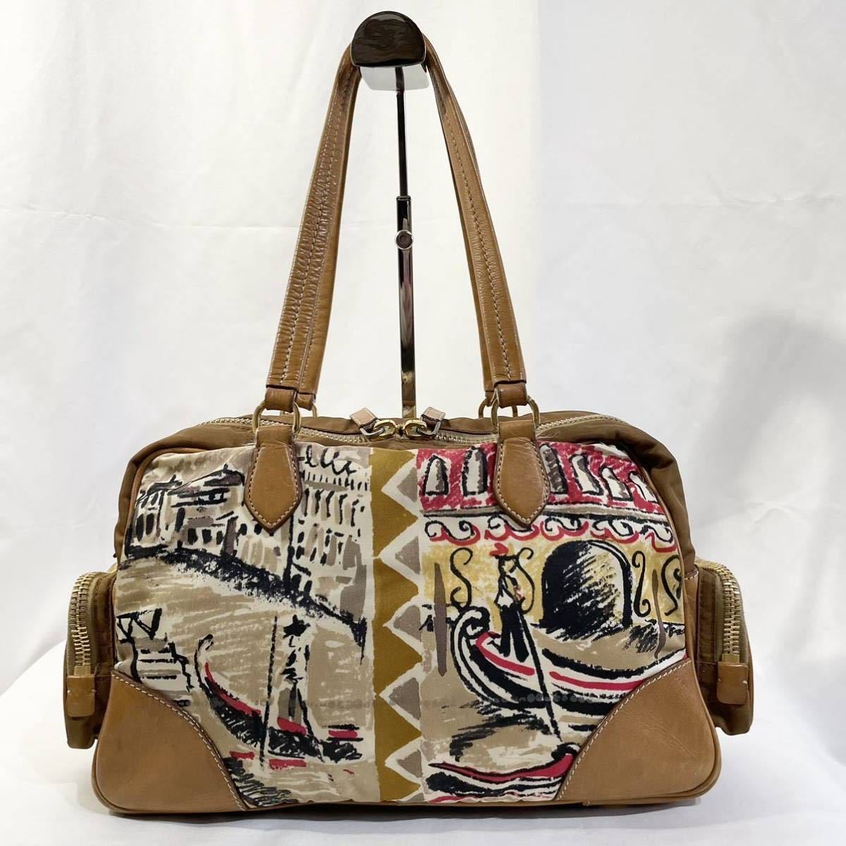 【美品】 正規品 PRADA プラダ トートバッグ ベネチア アート 柄 三角ロゴ 茶色 ブラウン ベージュ ハンドバッグ 肩掛け ネームプレート付