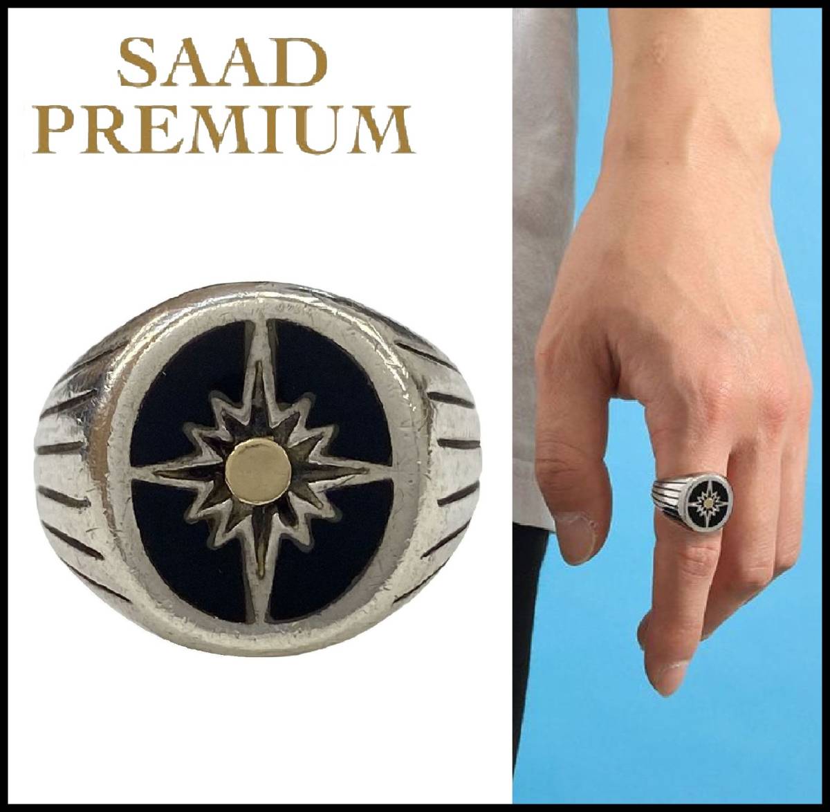 SAAD PREMIUM サード プレミアム K18 サンシンボル ダイヤモンド オニキス インレイ シルバー 印台 シグネット リング フェザー 17号