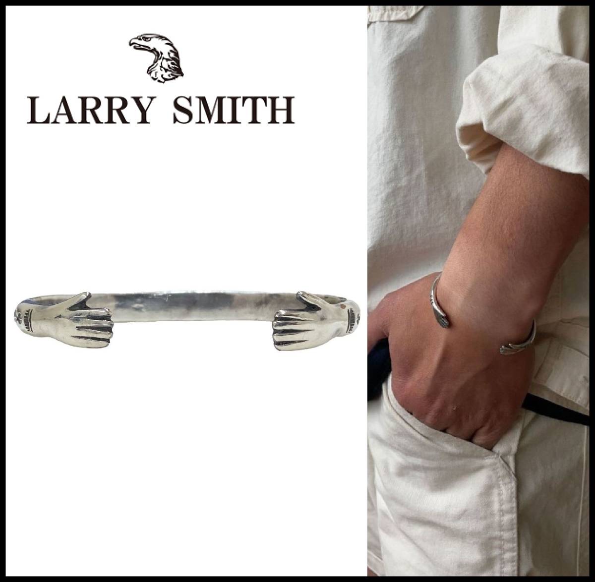 美品 LARRY SMITH ラリースミス LOVE HANDS BRACELET シルバー ラブハンド アロー スタンプワーク バングル ブレスレット カゼキリフェザー_画像1