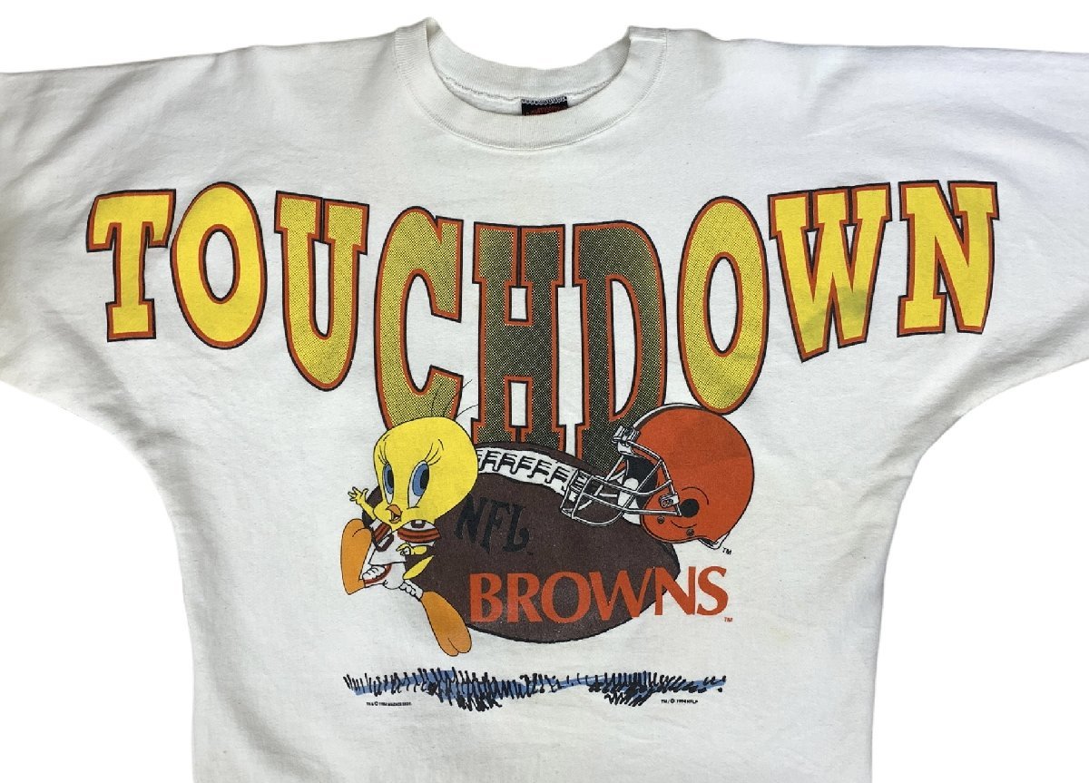 NFL USA製 90s 古着 トゥイーティー Tweety Bird クリーブランド ブラウンズ Cleveland Browns スエット トレーナー 白 L （DESE）/025_画像3