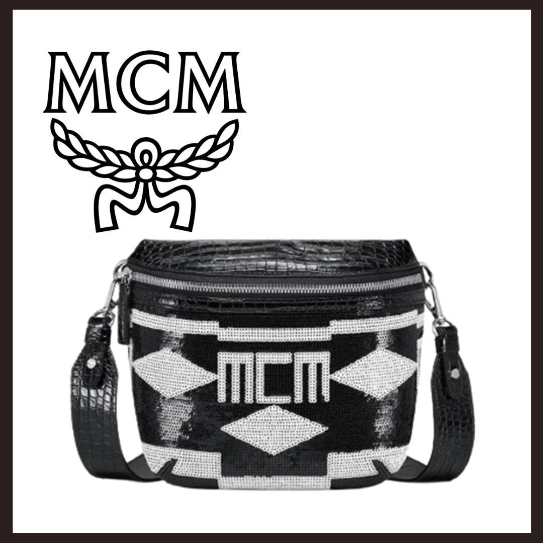 新品 未使用 MCM ゲオ クロコ 定番スパンコールボディバッグ ブラック