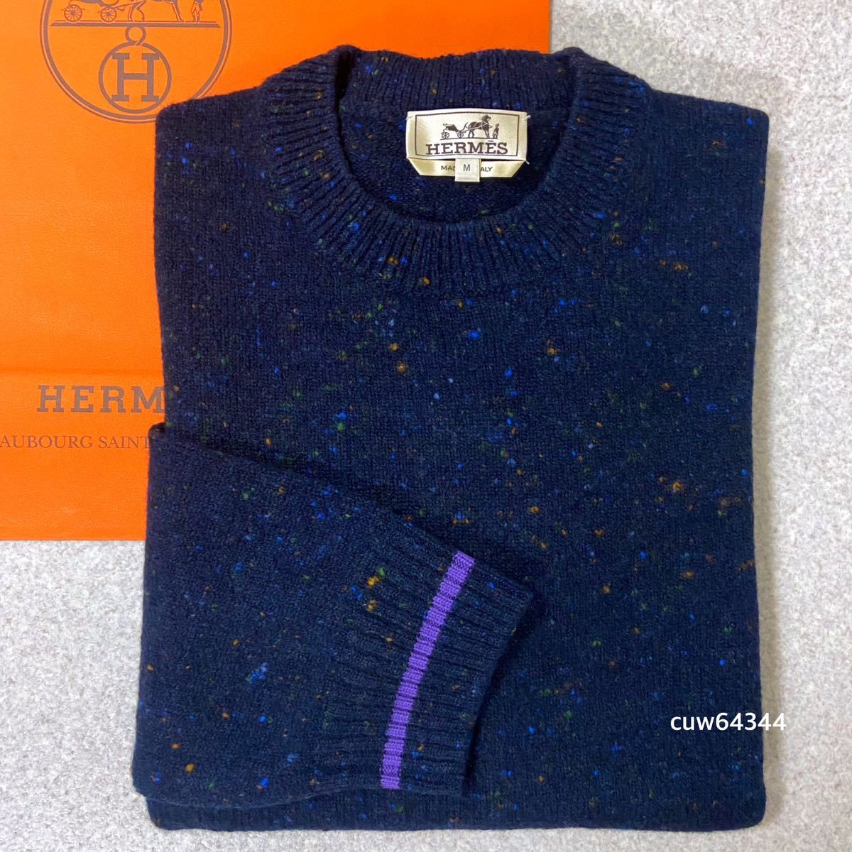 国内正規品 美品 Mサイズ（〜L対応） 2021～22AW Hermes エルメス ツイード ラウンドネック ニット セーター ネイビー 純正ショッパー_画像1