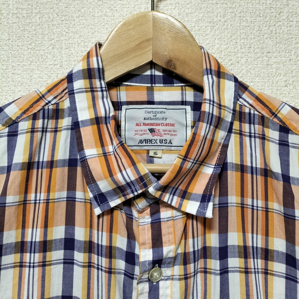  beautiful goods *AVIREX USAma gong s check work shirt cotton men's size XL cotton short sleeves orange navy blue white Avirex American Casual brand old clothes USED