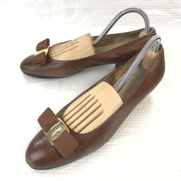 サルヴァトーレフェラガモ★リボンパンプス【6.5C/23.0-23.5/茶/BROWN】レザー/靴/sandal/Shoes/pumps◆pQ-528_画像1