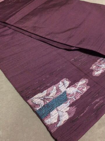 QM275 和装 着物 絹素材 名古屋帯/紫色 花柄_画像6