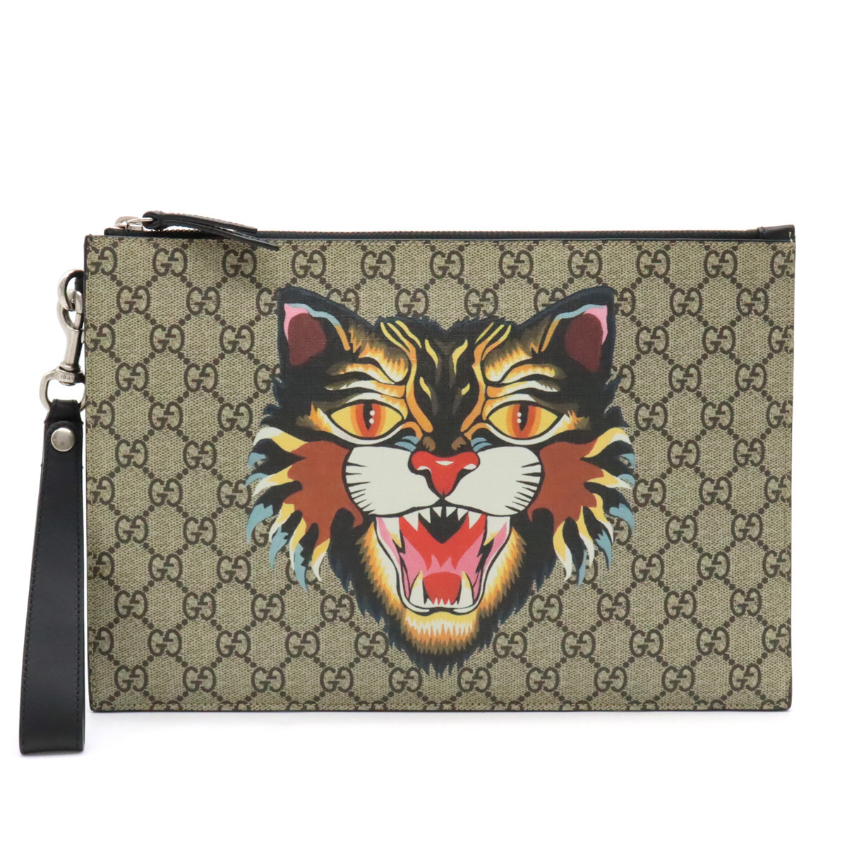 GUCCI グッチ GGスプリーム アングリーキャット クラッチバッグ セカンドバッグ PVC レザー カーキベージュ_画像1