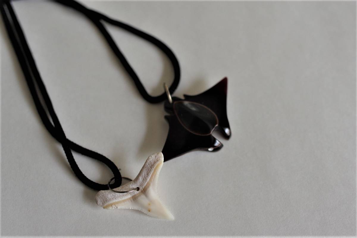 モルディブのサメの歯（本物） 貝細工のマンタ ペンダント ネックレス 2点セットの画像2