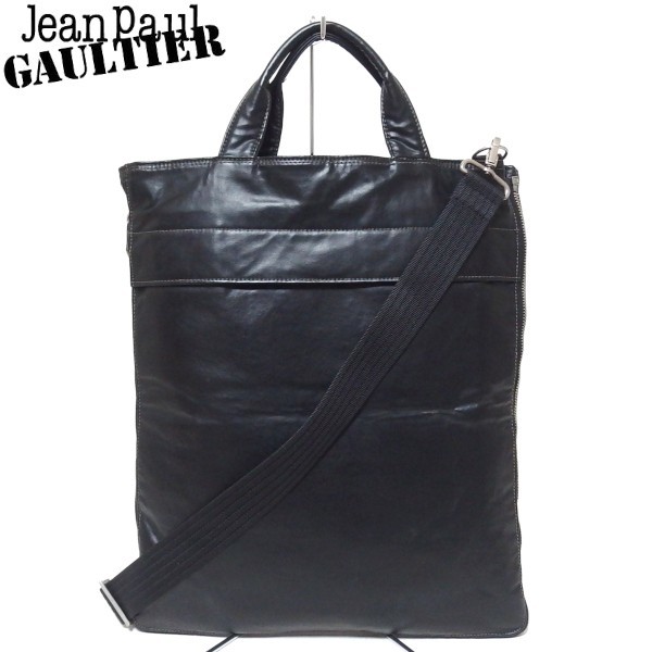 ★Jean Paul GAULTIER ロゴ 拡張機能 2Way ショルダー トートバッグ ハンドバッグ ファスナー 黒 ジャンポールゴルチエ★