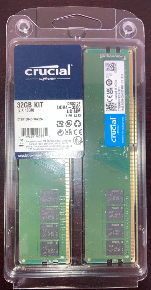 動作確認済み　Crucial DDR4-3200 16GBx2枚 計32GB CT2K16G4DFRA32A