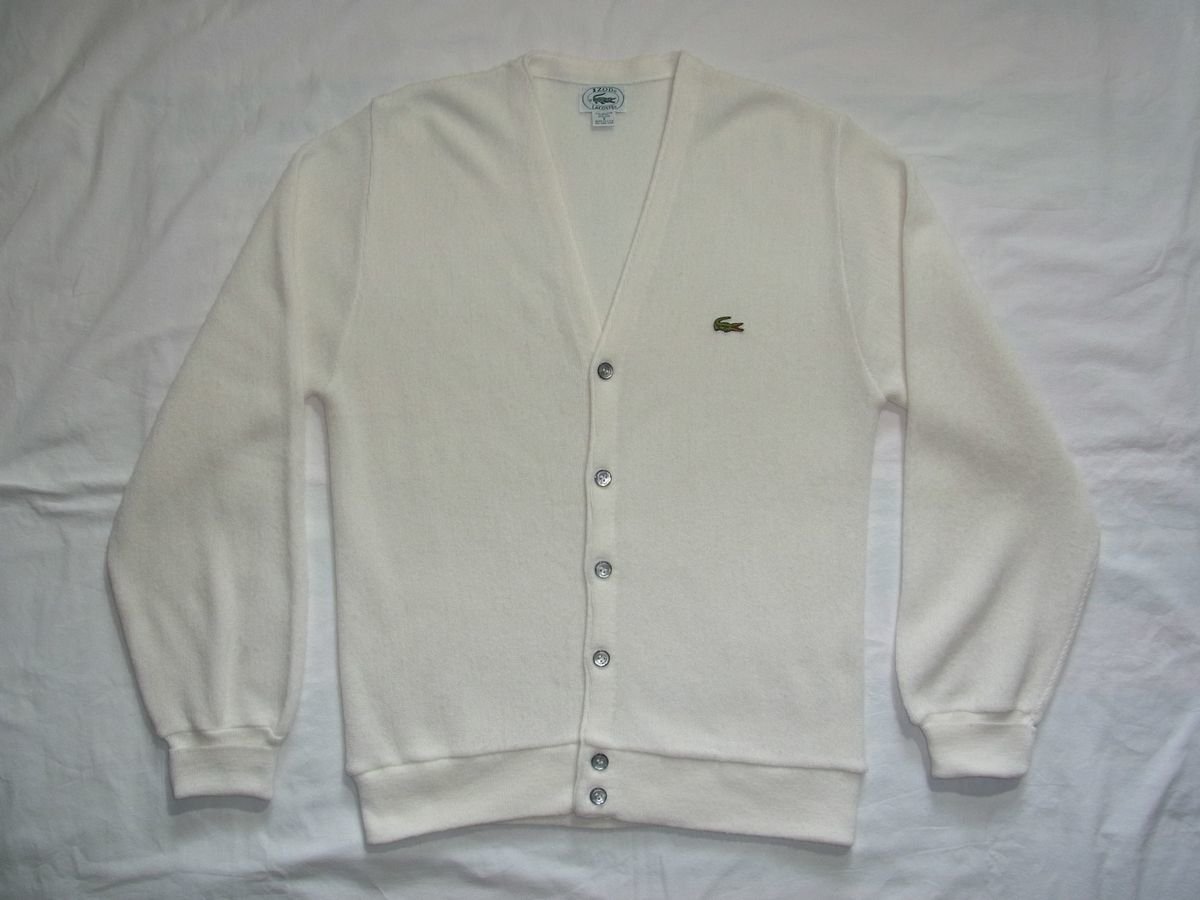 ☆ 80s90s USA製 ビンテージ IZOD LACOSTE アイゾッド ラコステ アクリル ニット カーディガン sizeS 白 ☆古着 ワンポイント 70s オールド_画像1