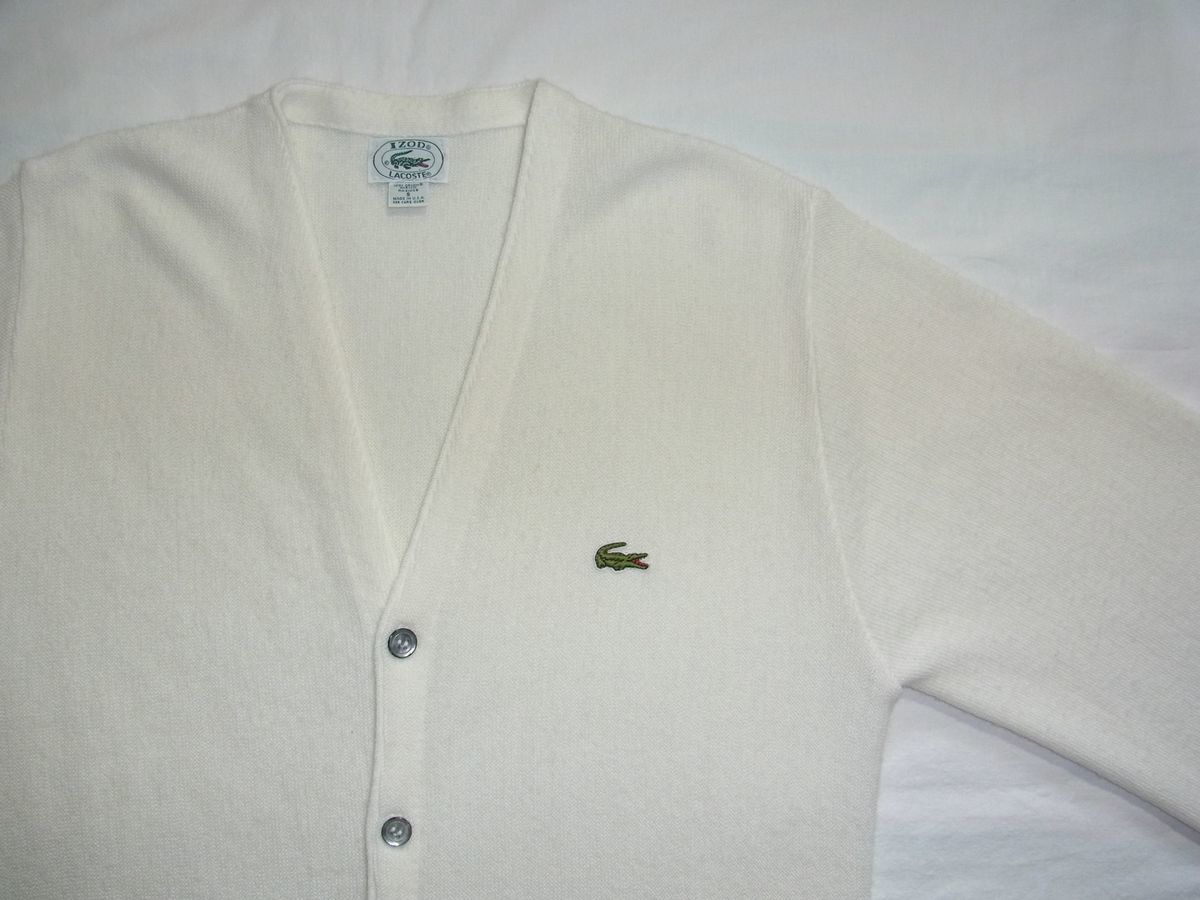 ☆ 80s90s USA製 ビンテージ IZOD LACOSTE アイゾッド ラコステ アクリル ニット カーディガン sizeS 白 ☆古着 ワンポイント 70s オールド_画像2