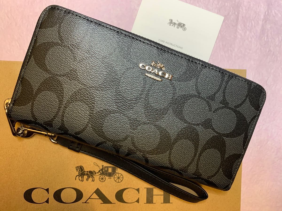 COACH コーチ　長財布　ブラックシグネチャー　ストラップ　新品　アウトレット