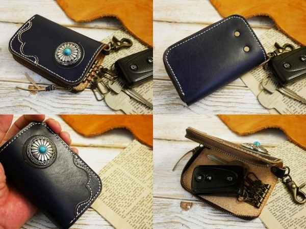  free shipping cologne .!! half zipper leather key case hand made Himeji leather turquoise Conti . smart key lkc28 hand dyeing navy 