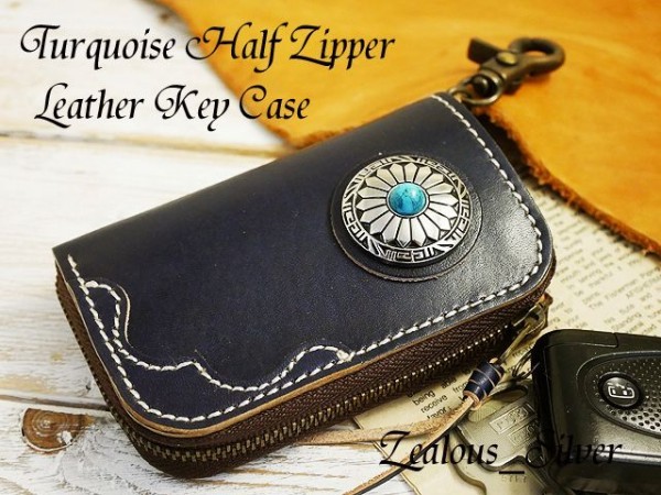  free shipping cologne .!! half zipper leather key case hand made Himeji leather turquoise Conti . smart key lkc28 hand dyeing navy 