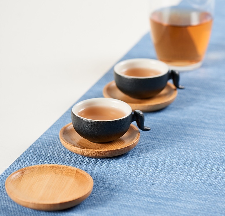 茶托 コースター 中国茶器 湯呑み 竹製 6枚セット ホルダー付き (丸型, Bタイプ)_画像4