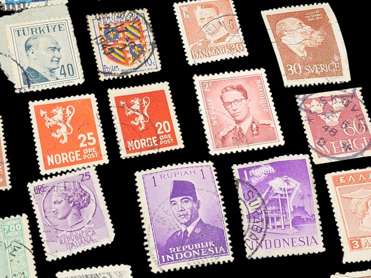 外国アンティーク切手 66枚セット ヨーロッパ 西ドイツ デンマーク ノルウェー フィンランド マレーシア インドネシア 古切手 外国切手_画像7