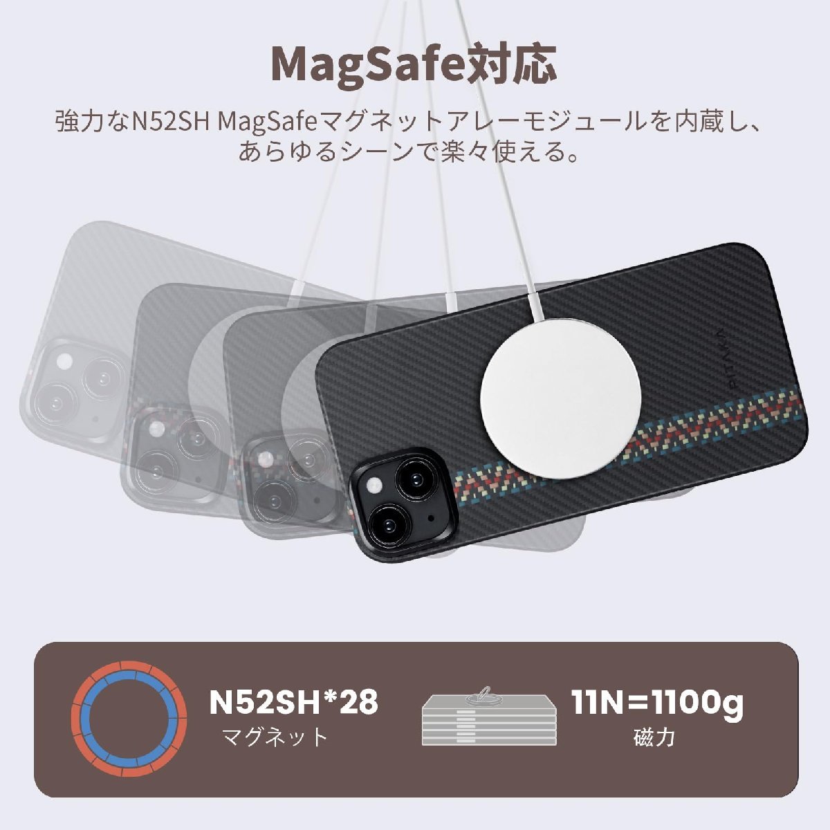 PITAKA iPhone15Plus ケース 浮織600Dアラミド繊維製 MagSafe対応 超極薄 超軽量 ワイヤレス充電対応 ラプソディー_画像5