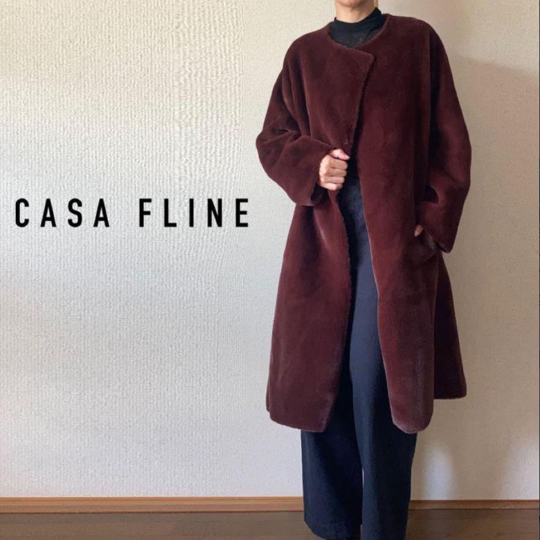 定価5.1万円　美品　casa fline　エコファー　高級毛皮　ベルト付き　触り心地のよい　ロングコート　ワインレッド_画像1