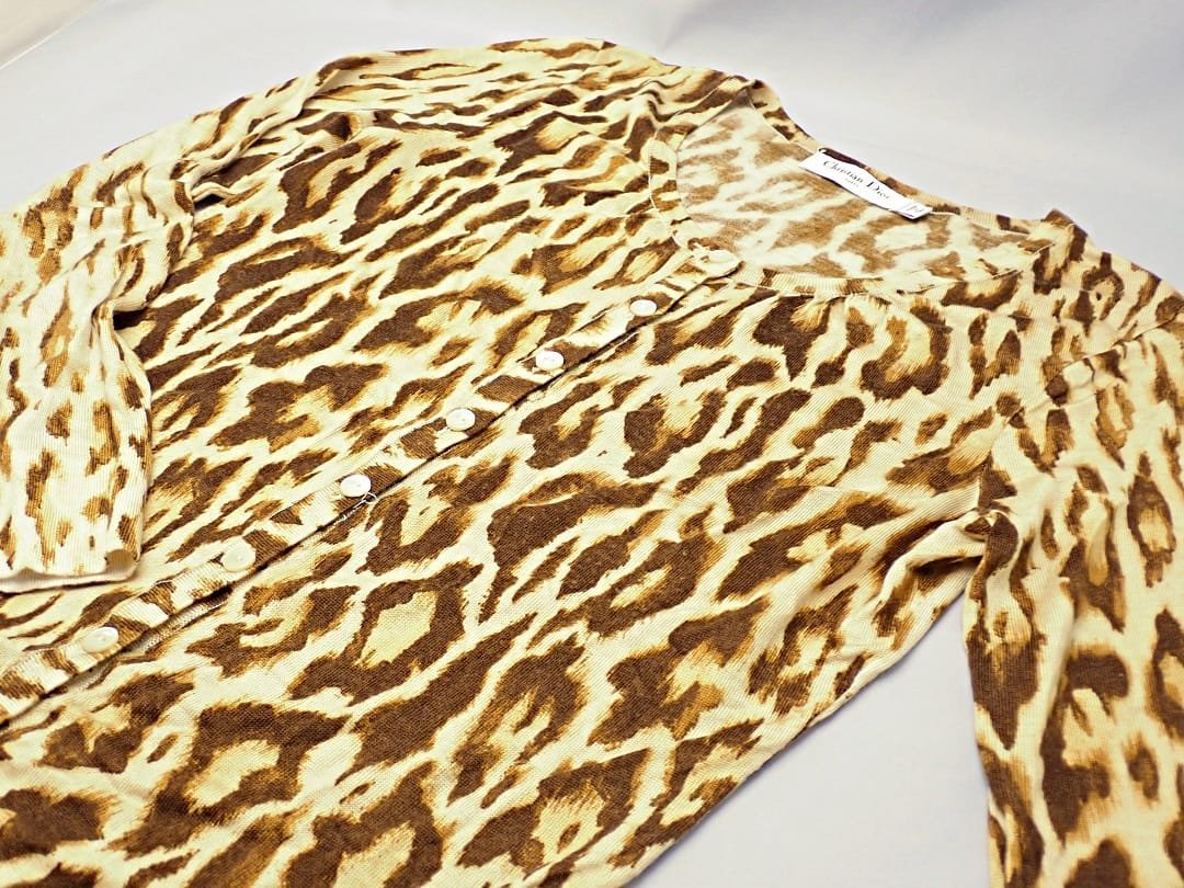 CHRISTIAN DIOR Christian Dior кардиган 38 длинный рукав тонкий Leopard шерсть шелк кашемир б/у B+ [ бесплатная доставка ] A-8033