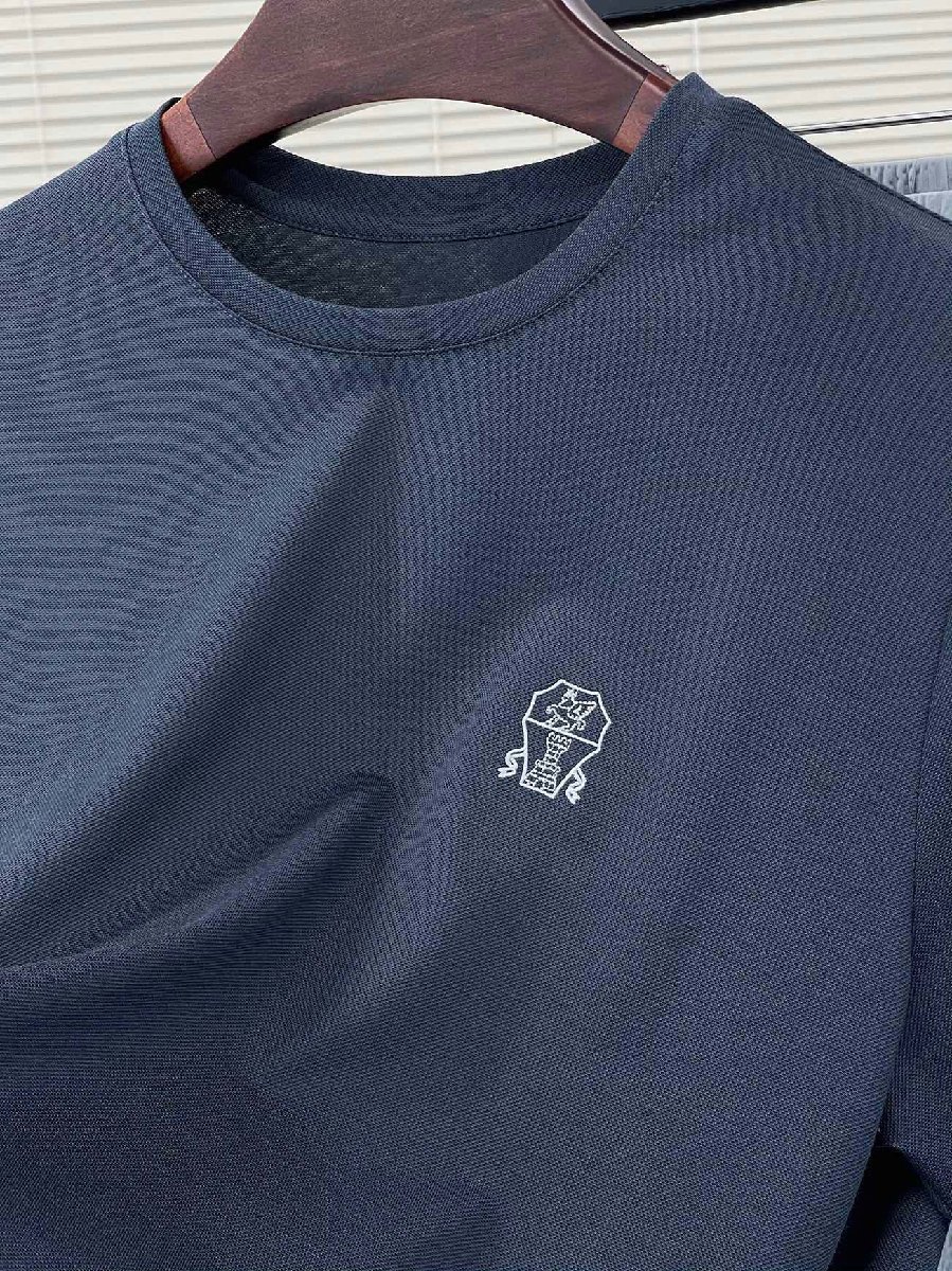 送料無料　Brunello Cucinelli　ブルネロクチネリ Tーシャツ　丸首　シルク使用　半袖　メンズ　無地　カジュアル　ネイビー　1120-56_画像5