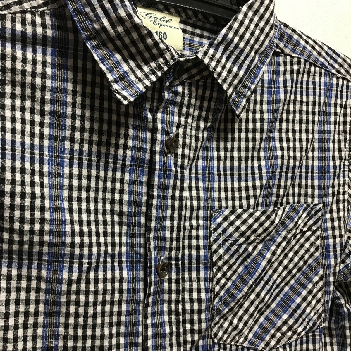 160サイズ 青×黒 ギンガムチェック ボタンシャツ