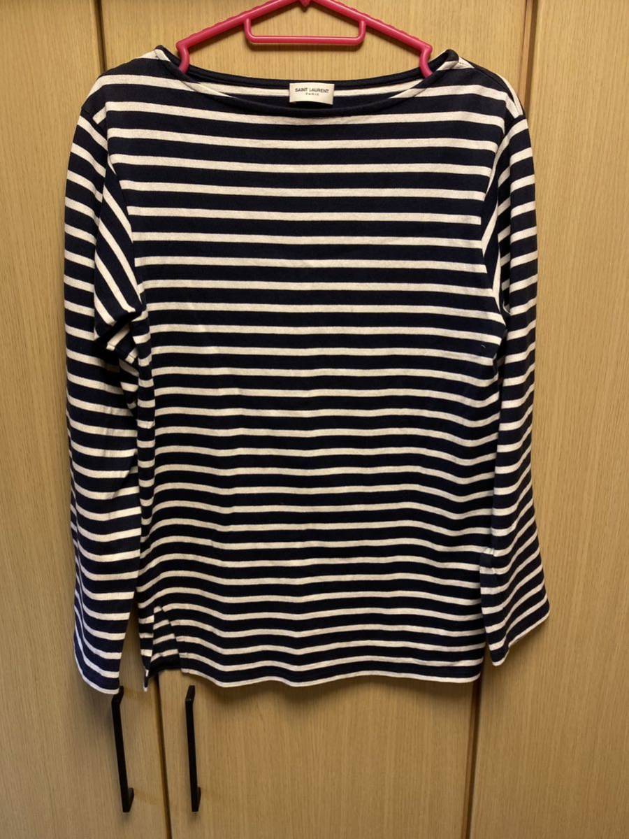 国内正規 14AW Saint Laurent Paris サンローランパリ Hedi Slimane ボーダー L/S クルーネック Tシャツ ロンT 紺白 XS 370075 Y2IC1