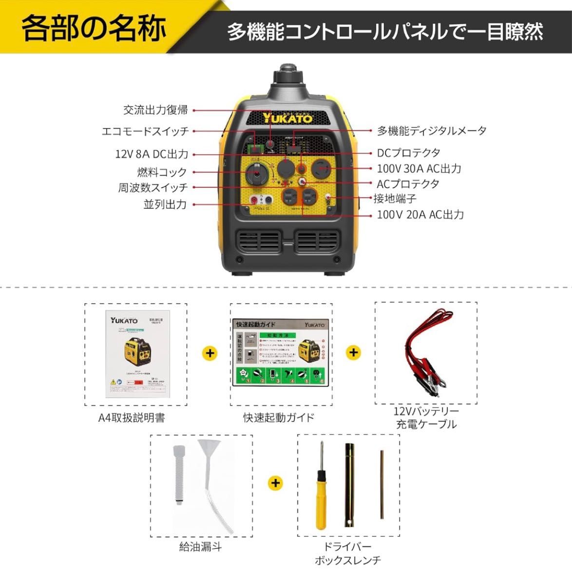 インバーター発電機 定格出力2.5kVA 正弦波 過負荷保護 PSE認証 静音 高出力 軽量50Hz/60Hz切替 ガソリン発電機