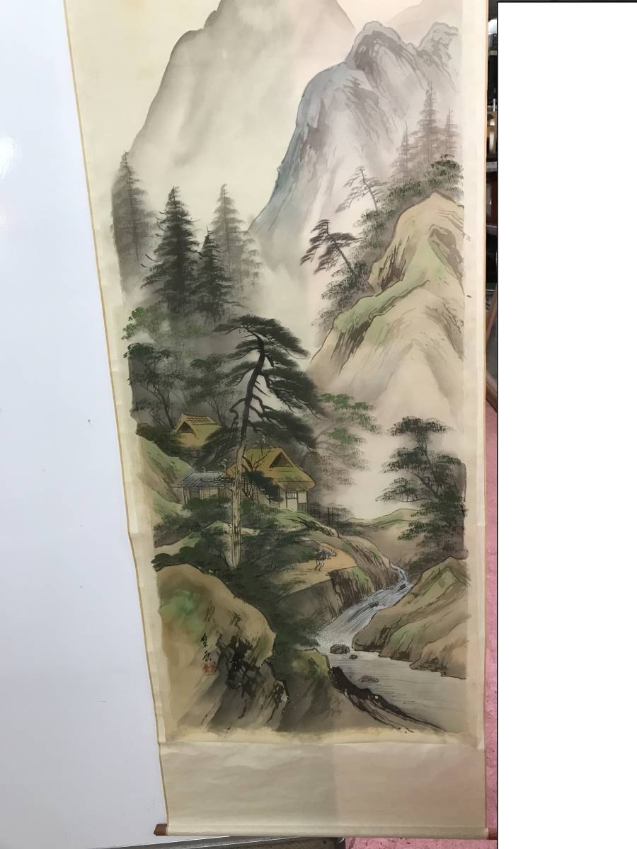 YS2645★掛け軸 古掛け軸 年代物 美術品 インテリア 蔵出し品 山水図 風景 山 川 湖岳　小泉　南恵院？巻物　中古品　保管品　ECM　お/80_画像2