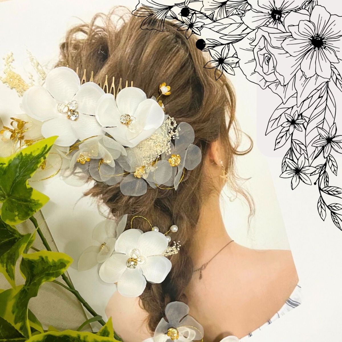 ラスト ヘッドドレス チュールフラワー 髪飾り かすみ草 ウェディング 結婚式 ヘアクリップ お花 発表会 ヘアアクセサリー