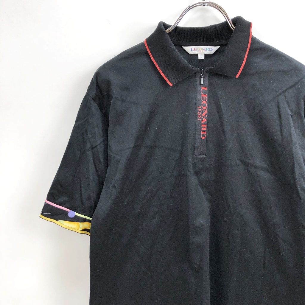 高級LEONARD/レオナール 半袖ポロシャツ 刺繍 コットン100％ ブラック サイズL レディース