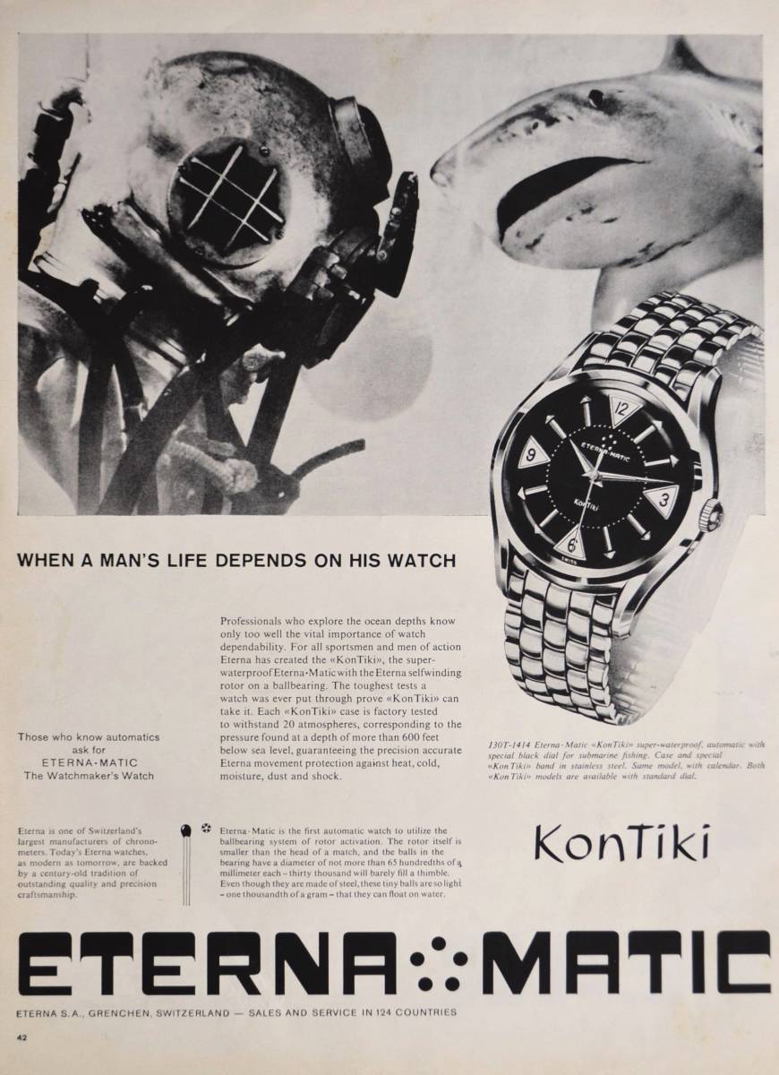 稀少・時計広告！1960年代エテルナ 時計広告/Eterna Matic Kontiki Watch/潜水士/鮫/H_画像1