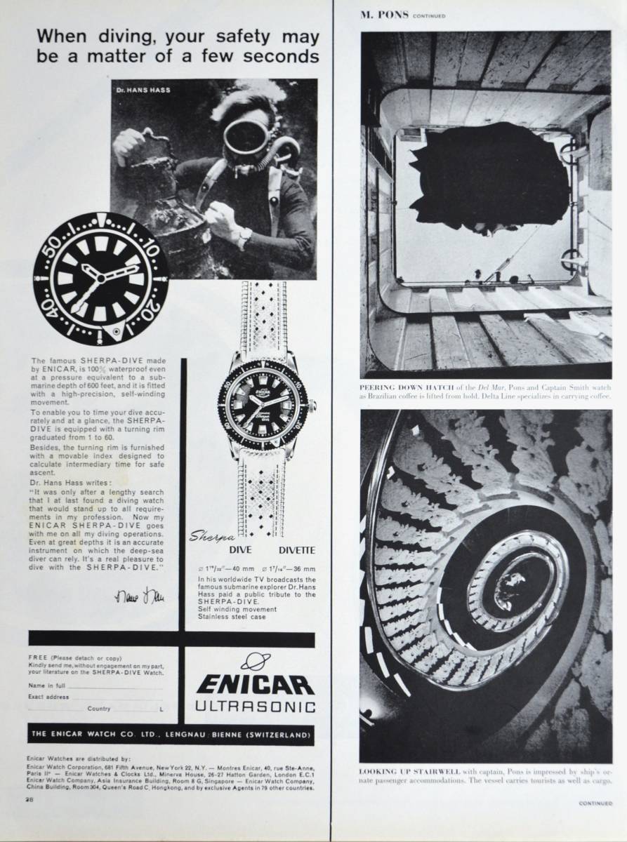 稀少・時計広告！1960年エニカ 時計広告/Enicar Ultrasonic Watches/ダイバー/Wの画像1