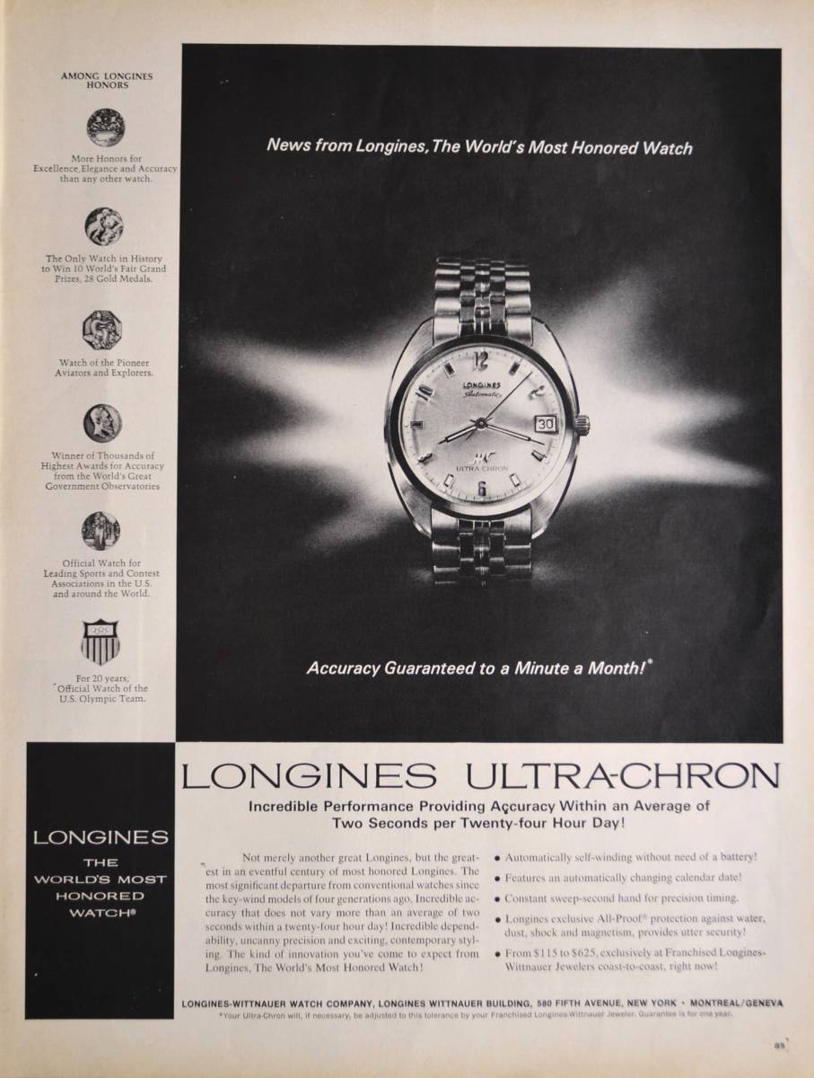 稀少・時計広告！1968年ロンジン 時計広告/Longines Ultra-Chron Watch/H_画像1