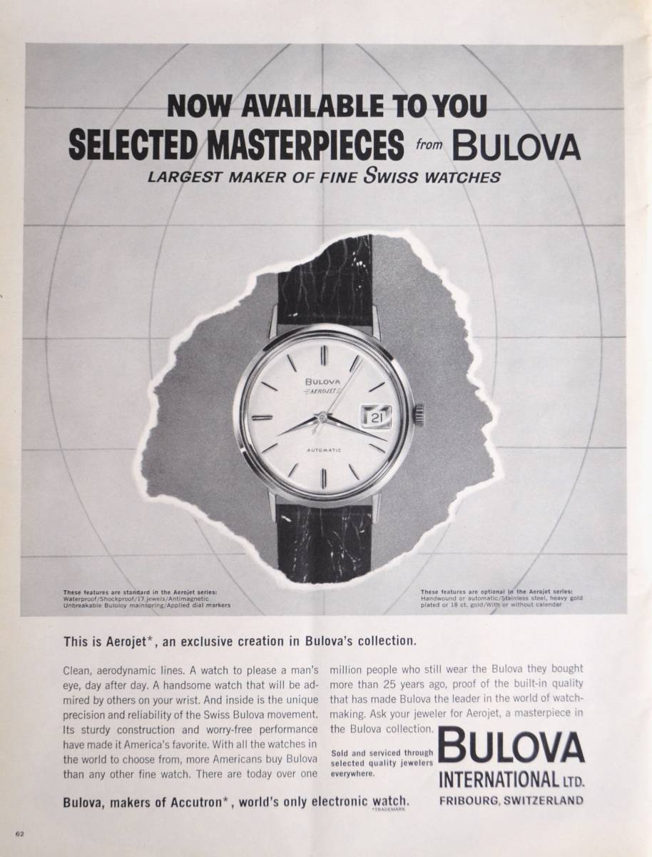 稀少・時計広告！1963年ブローバ 時計広告/Bulova Aerojet Automatic Watch/W_画像1