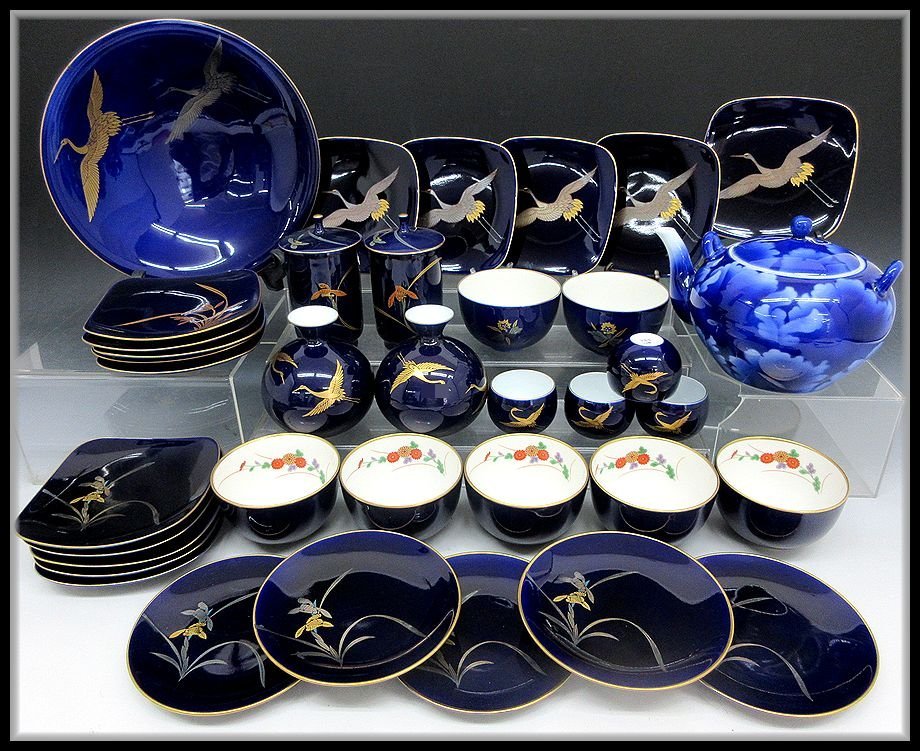 ワンピなど最旬ア! 鶴 蘭 酒器 茶器 37点セット まとめ 瑠璃色 深川製