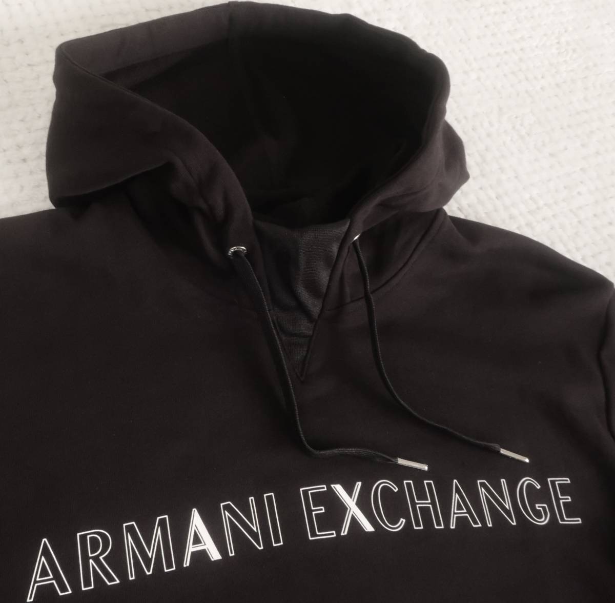 新品★アルマーニ★オーバーサイズ★ブラック パーカ★ホワイト ロゴ★前V★フード付き カットソー 黒 XL★AX ARMANI☆362_画像2