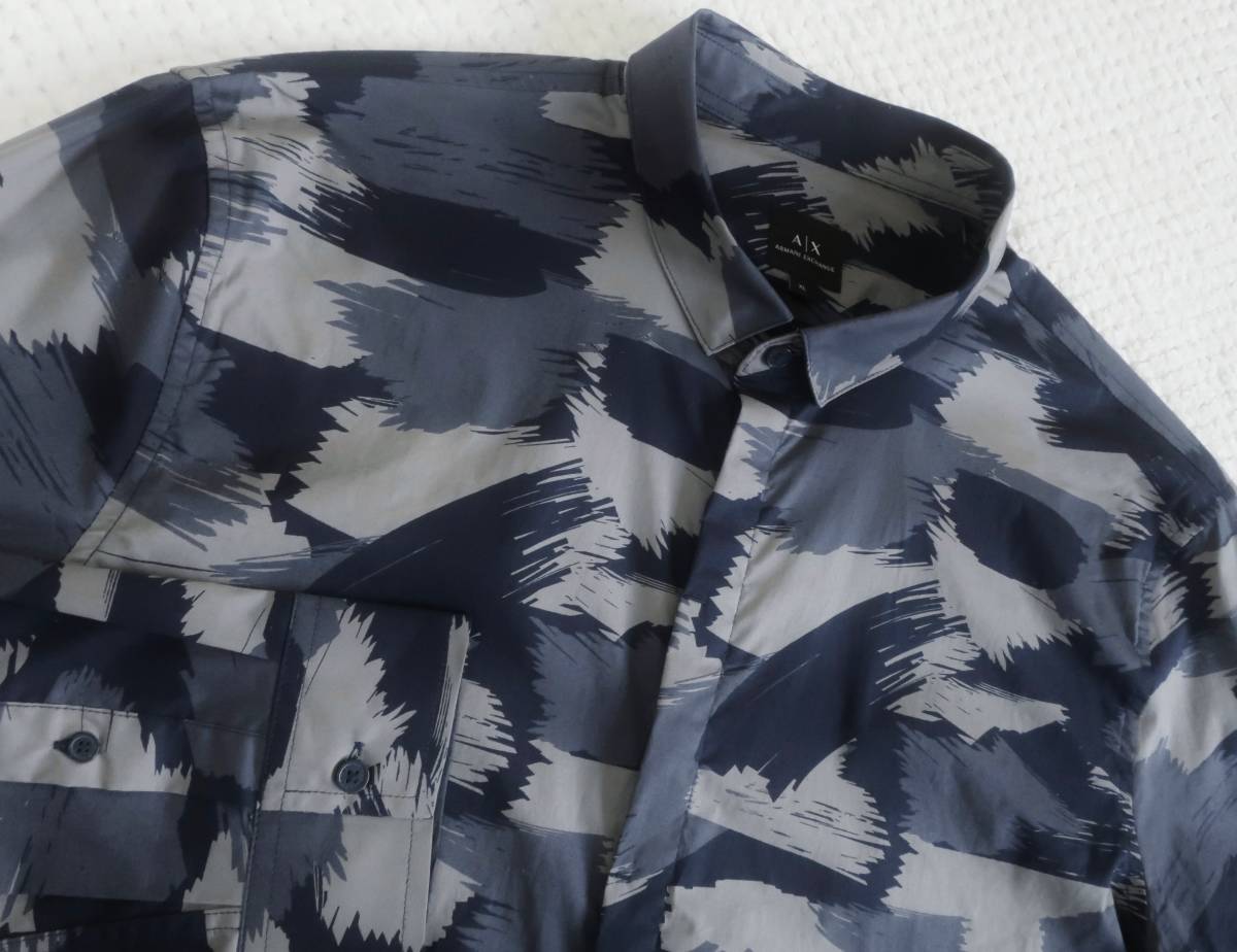  новый товар * Armani * камуфляж рубашка с длинным рукавом * темно-синий & серый серия утка * стрейч тонкий общий рисунок сорочка XL*AX ARMANI*340