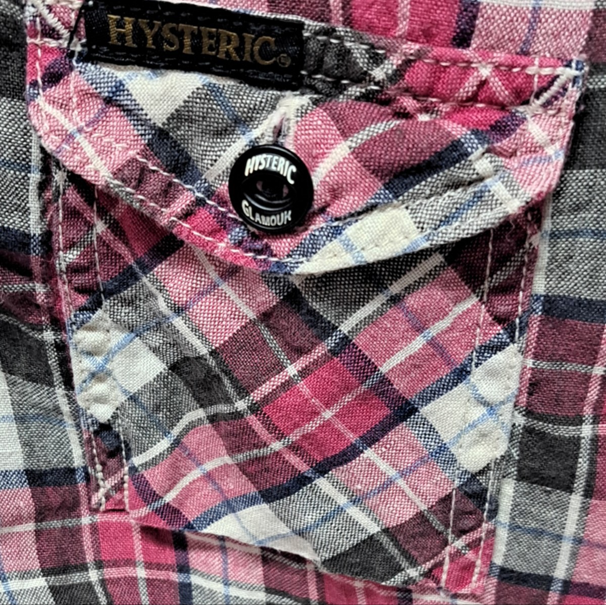 【リネン100%】ヒステリックグラマー　HYSTERIC GLAMOUR ローリングストーンズ　ワッペンカスタム　半袖　チェックネルシャツ　Ｍサイズ_画像4